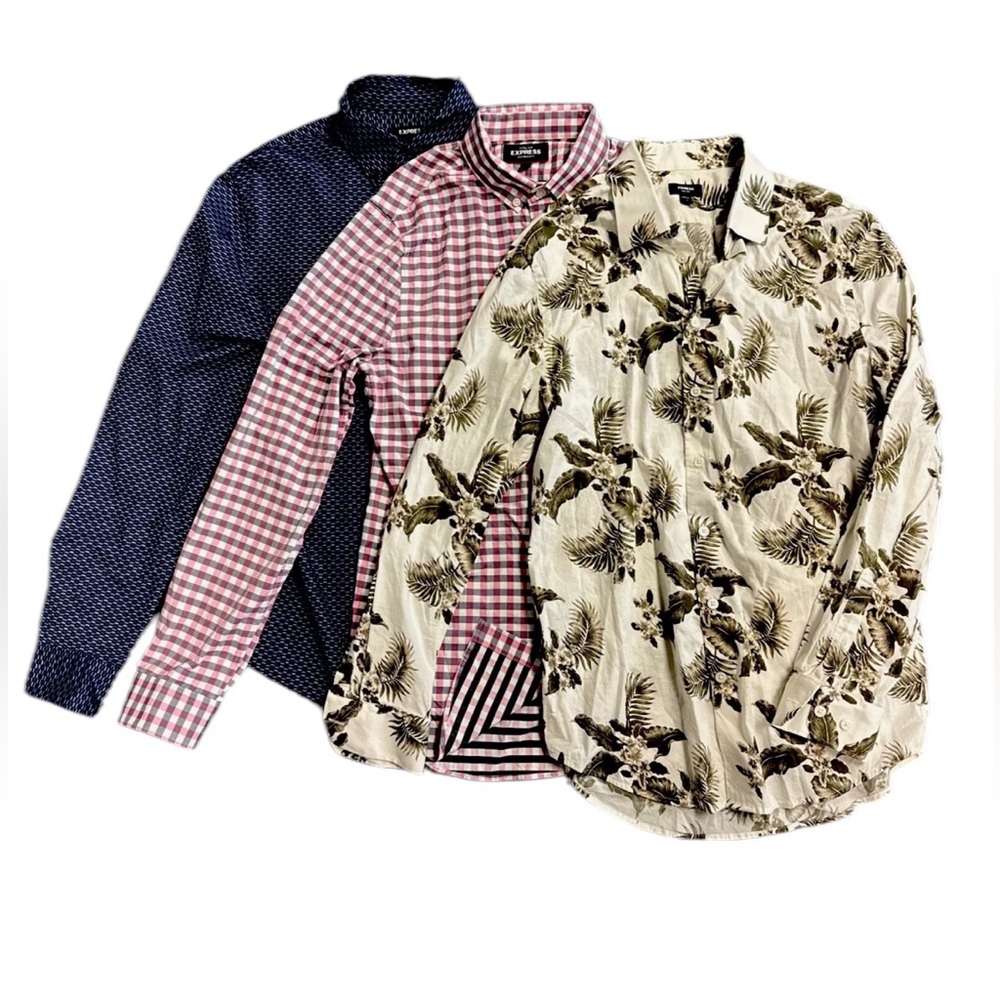 Express Shirt Mens Small Pink,Floral, Checkered Ex.Slim Fit Button Up LS Lot (3)